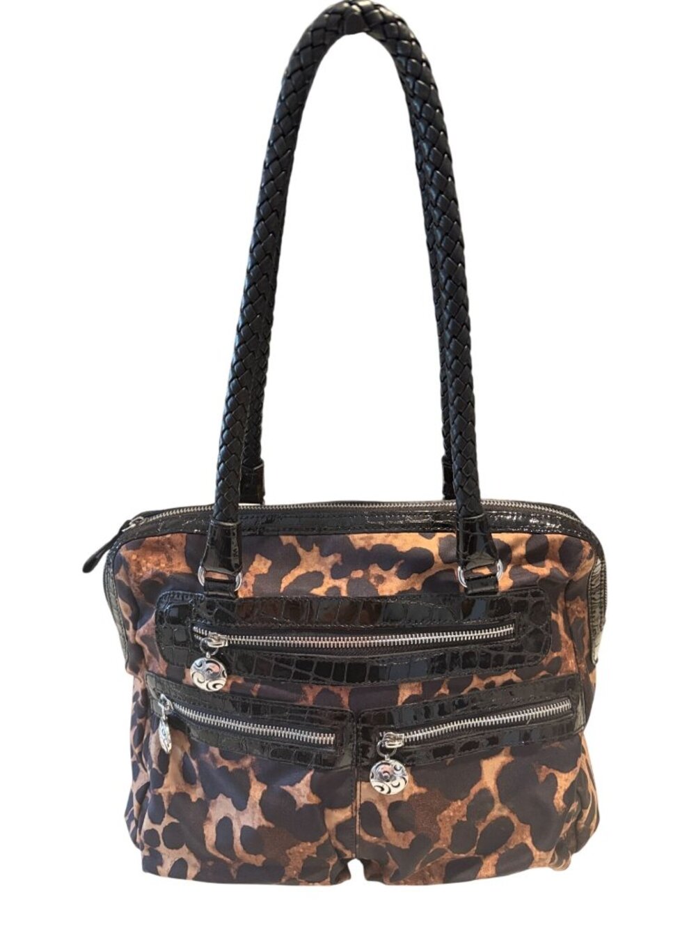 Brighton Bobbie Leopard Silver Hardware Nylon Patent Leather Organizer Tote Bag